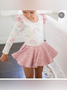 cheeky plum Girls Rainbow Print Leotard with Pink Floral Skirt